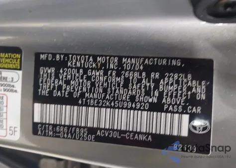 2005 Toyota Camry Le z USA, uszkodzony, nr VIN 4T1BE32K45U994920